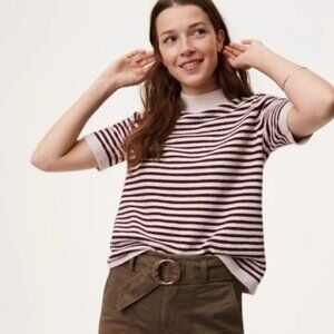 Ann Taylor LOFT Cream & Burgundy Mock Neck Short Sleeve Sweater Shirt Size Large